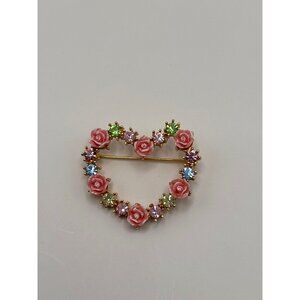 Avon Vintage Rose Accent Heart Brooch Pin Gold Tone Pink Rose Pastel Rhinestones
